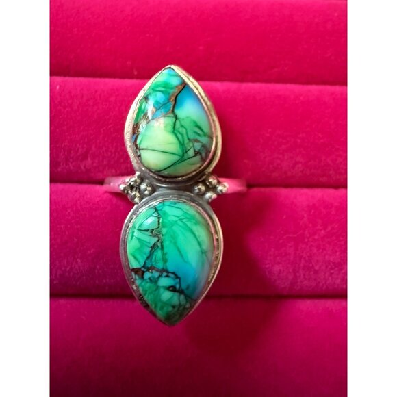 Double Teardrop Turquoise & Sterling Silver Ring Size 9 - Picture 1 of 7